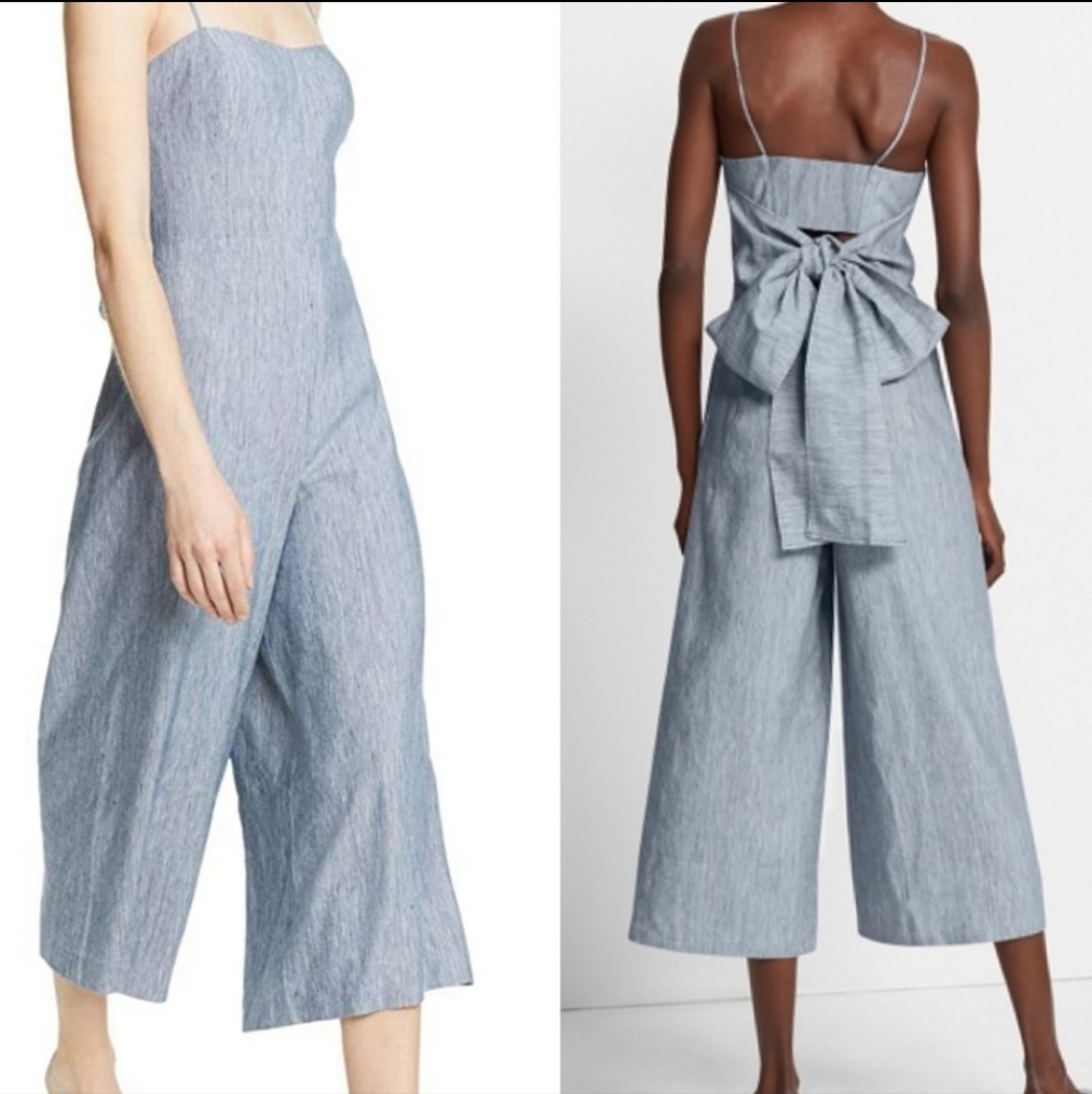 Club Monaco Dalennah Bow Back Cropped Wide Leg Linen Blend Jumpsuit Blue 6 - Picture 2 of 9